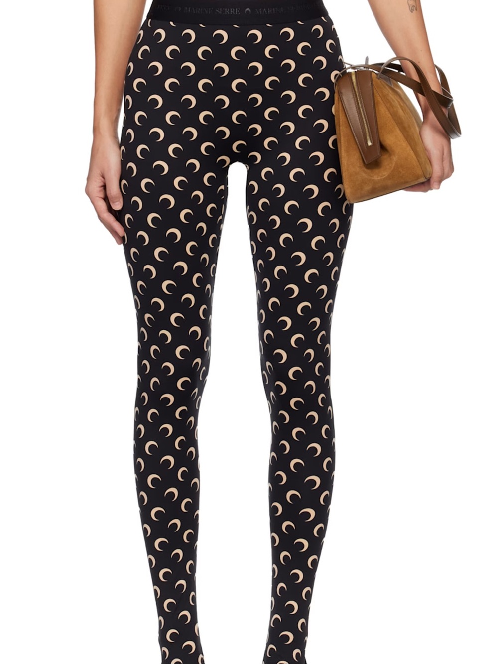 Marine Serre Black Leggings with Beige Crescent Moon Print